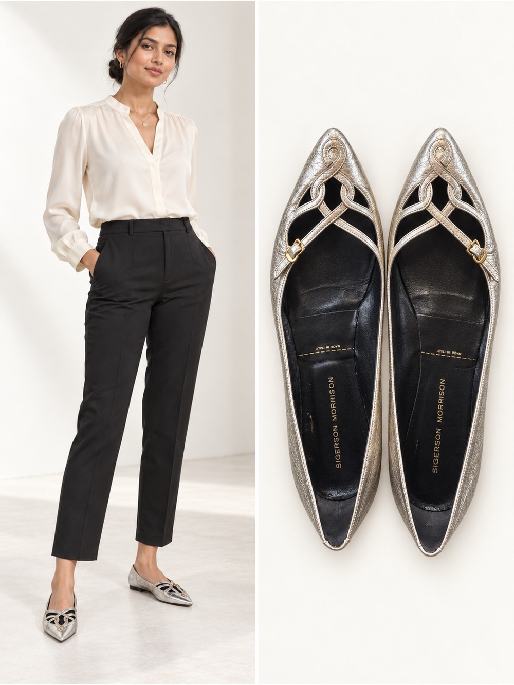 Sigerson Morrison Metallic Silver Leather Pointed Toe Ballet Flats Women’s 7.5